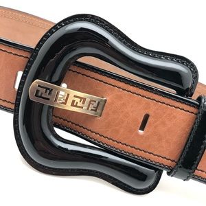 Fendi Tan and Black Patent Leather Zucca Belt